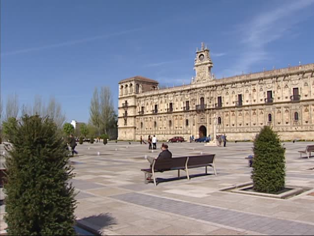 16th century Monastery Hostal San Marcos + square in Leon,Spain. The former pilgrim hospital is now a fancy Parador hotel.