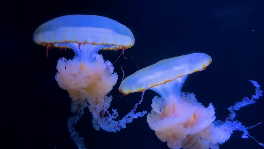 a group of fluorescent jellyfish swimming in an aquarium pool. transparent underwater shots of jellyfish with glowing jellyfish moving in the water. sea life wallpaper background. Royalty-Free Stock Footage #3420647495