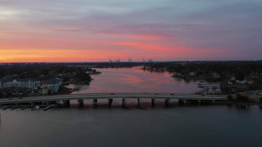 Aerial View of the Lafayette River in Norfolk Virginia at Sunset the Port in the Distance
