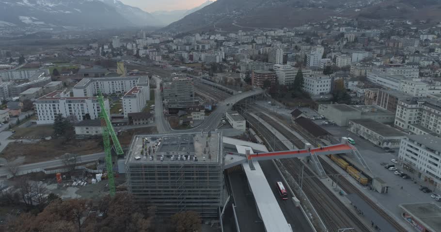 Sierre new station back traveling - Aerial 4K