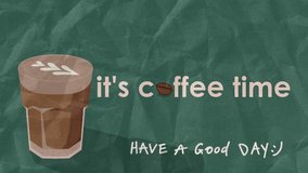 A glass of coffee with green background. Coffee time animation with paper effect.