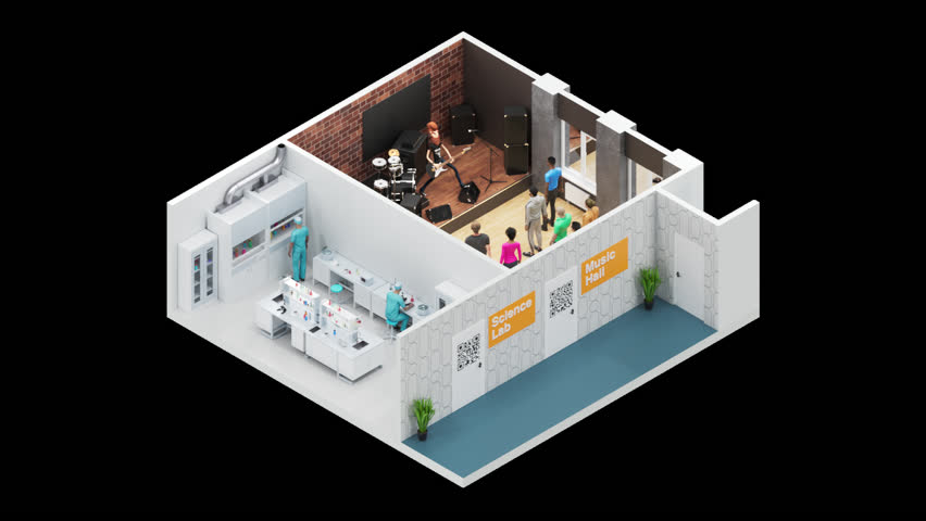 Science Laboratory and Music Hall in 3D Isometric Style. Loop Animation. Alpha Channel