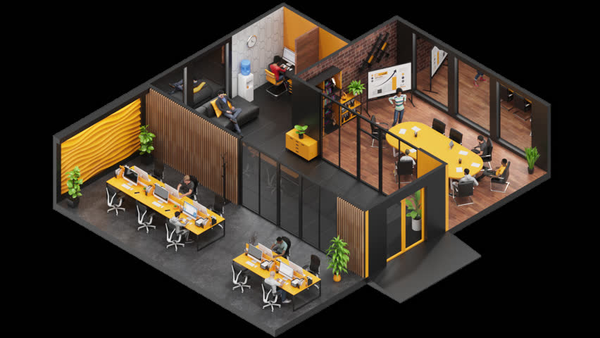 3D coworking space with working people in an Isometric Style. Loop Animation. Alpha Channel Royalty-Free Stock Footage #3420901743