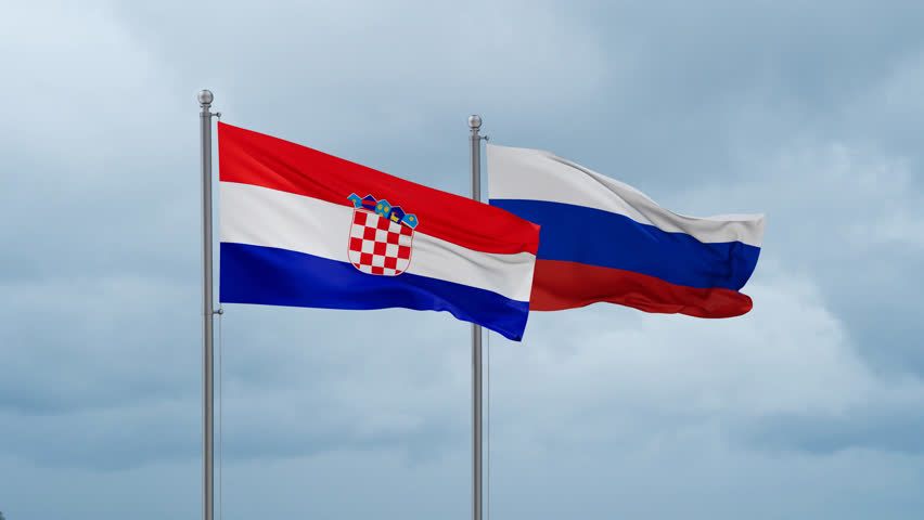 Russian Federation and Croatia flag waving together on cloudy sky, endless seamless loop Royalty-Free Stock Footage #3420911487