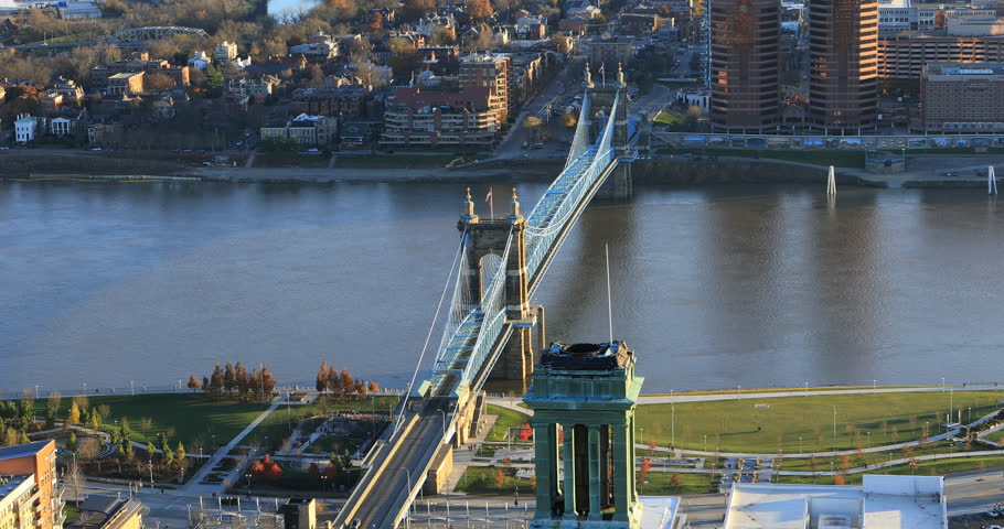Aerial view of Cincinnati and bridge over Ohio River 4K