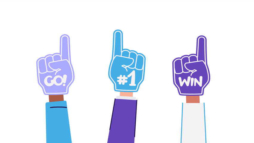 Foam hands animation. Fan foam fingers pointing up. Glove with motivational and cheering phrases Go, Win, number one. stadium supporter, football Encouragement. 2d cartoon stock footage