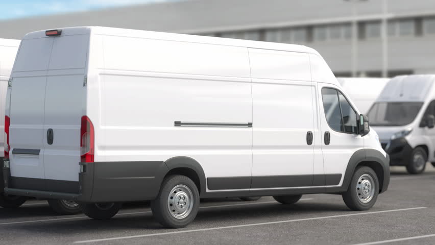 Express delivery, logistic and shipping service concept. Delivery vans in a row on a parking near warehouse.