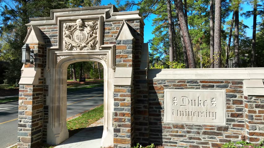 Durham , NC , United States - 11 02 2023: Entrance and sign to Duke University Campus. Elite school in USA. Aerial. Stone architecture.