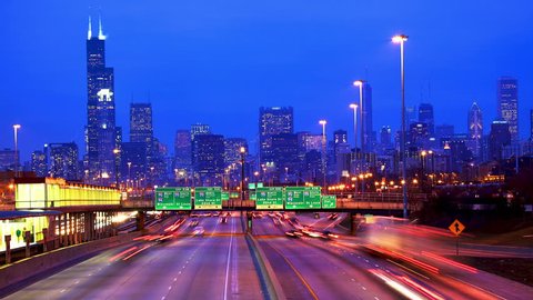 Chicago skyline and traffic at dusk timelapse, IL, USA 