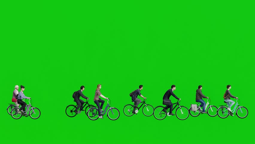 Group of People Riding Bicycles in Side View for Energy Conservation Event on Green Screen Background Chroma Key 3D Animation.