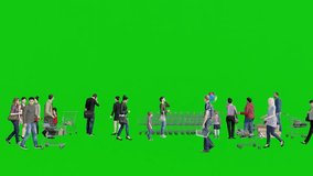 Group of People Shopping with Basket and Cart on Green Screen Background Chroma Key 3d Animation for Retail Store or Shopping Mall Visualization.