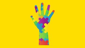 Animation of multi coloured puzzles forming hand on yellow background. Autism awareness month and learning difficulties concept digitally generated video. - Powered by Shutterstock - Get 15% off with code: PIKWIZARD15