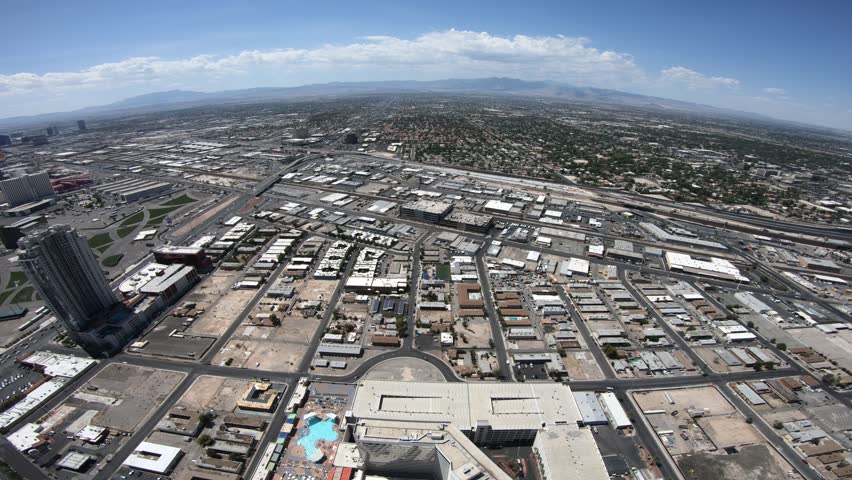 Aerial view of Las Vegas Skyline. A panoramic scenic view above hotels and casinos of the Strip boulevard. Las Vegas, Nevada, United States