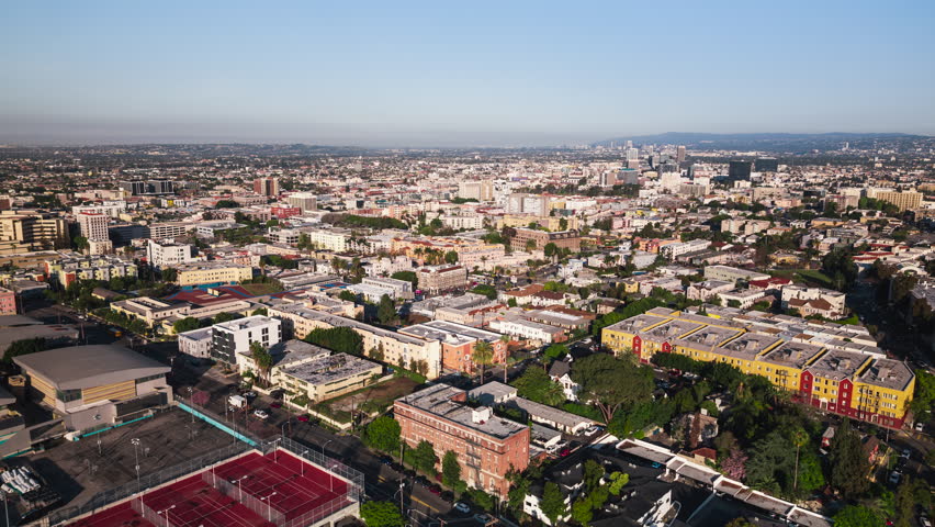 Aerial View Shot of Los Angeles LA CA, L.A. California US, Central LA, Korea Town, Westlake, Echo Park, Mid City, Hollywood Royalty-Free Stock Footage #3421434419