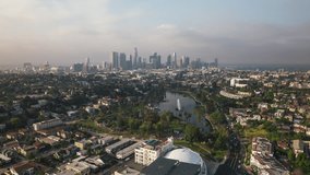 Establishing Aerial View Shot of Los Angeles LA CA, L.A. California US, wonderful day