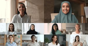 Beautiful independent multicultural women colleagues make video call, looking at camera, footages collage view. Businesswomen solve business by video call application, negotiate, lead briefing on-line