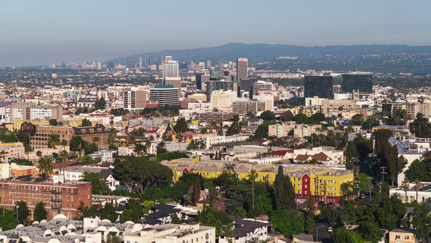 Aerial View Shot of Los Angeles LA CA, L.A. California US, Central LA, Korea Town, Westlake, Echo Park, Mid City, Hollywood Royalty-Free Stock Footage #3421438625