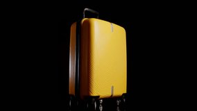 Yellow travel suitcase on wheels on black background rotating on stand. - Powered by Shutterstock - Get 15% off with code: PIKWIZARD15