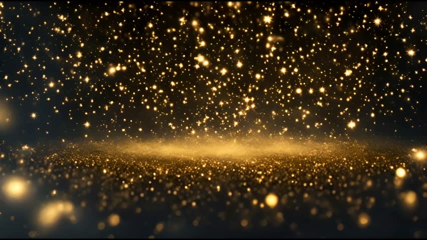 gold particles abstract background with shining golden floor particle stars dust. Futuristic glittering fly movement flickering loop in space on black background