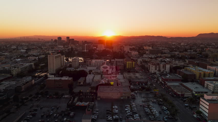 Wonderful Sunset, Aerial View Shot of wide Los Angeles LA CA, L.A. California US, Central LA, Korea Town, Westlake, Echo Park, Mid City, Hollywood, Beverly Hills Royalty-Free Stock Footage #3421486971