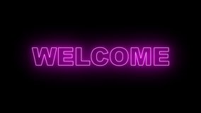 animation of the welcome word in blue and purple neon. suited for the video's introduction or greetings. neon-animated video Over a digital background, welcome words.  