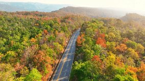 From above, Thailand's dry dipterocarp forest unfolds in a riot of red, yellow, and orange leaves, framing the road in a spellbinding natural masterpiece.

