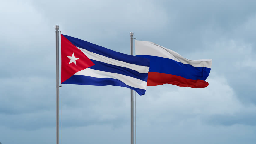 Russian Federation and Cuba flag waving together on cloudy sky, endless seamless loop Royalty-Free Stock Footage #3421598115