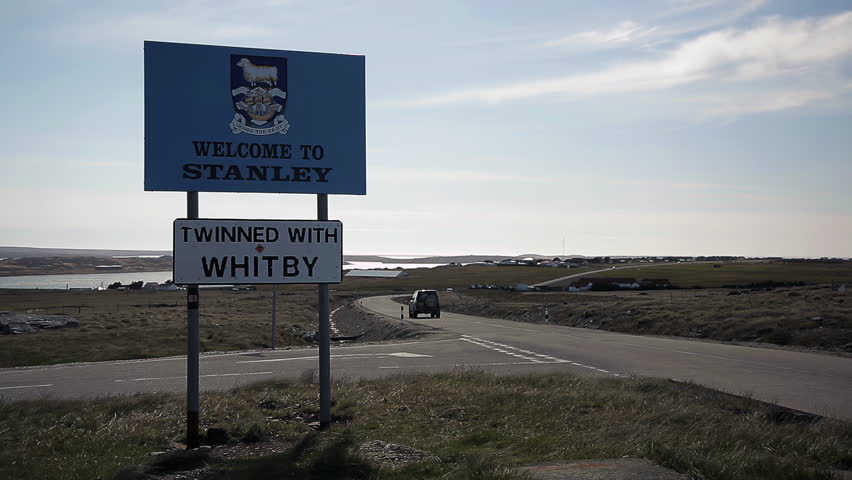 Welcome Sign in Stanley, Capital of The Falkland Islands (Islas Malvinas), South Atlantic. 4K Resolution.