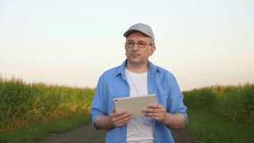 farmer working digital tablet, corn field, modern agro farm, businessman engaged growing corn, agriculture, farmer agronomist with digital tablet hand, man walking along dirt road checking crop - Powered by Shutterstock - Get 15% off with code: PIKWIZARD15