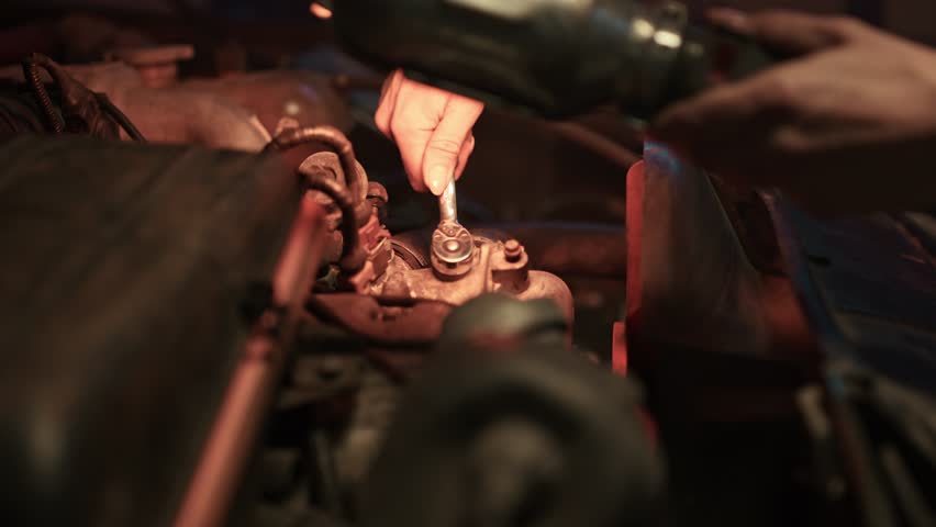 Automobile mechanic. Close up of repairman hands working on car engine in automotive workshop with wrench. Auto Mechanic looks under hood of car. Car service and maintenance. Repair service.