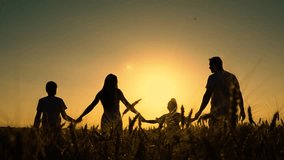 Happy mother, father, little daughter, son play, enjoy nature outdoor, dream together. Slow motion. Mom, dad, kids walk together nature. Happy family of farmers with children go through wheat field. - Powered by Shutterstock - Get 15% off with code: PIKWIZARD15