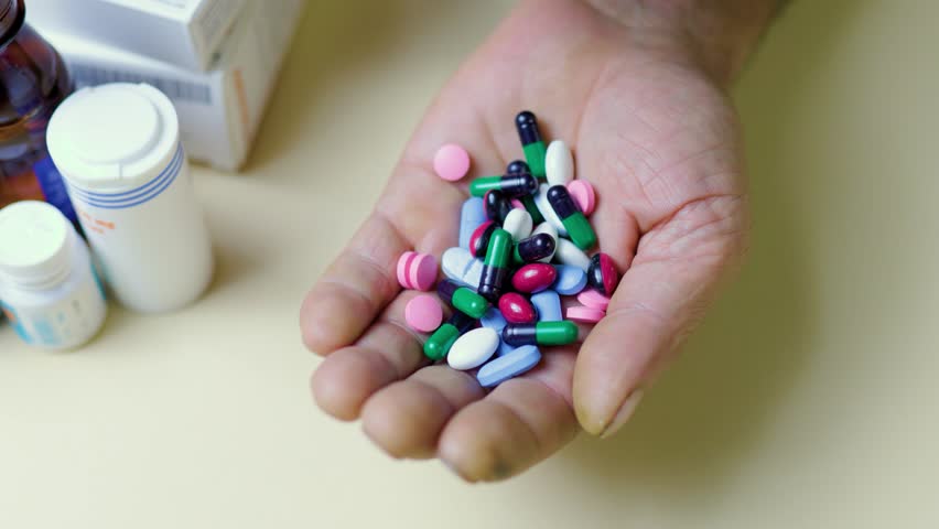 Unrecognizable close up handful of pills in his hand, other hand takes one piper from common pile. Prescribed treatment must be performed. Dependence on pills. Vitamins and minerals.