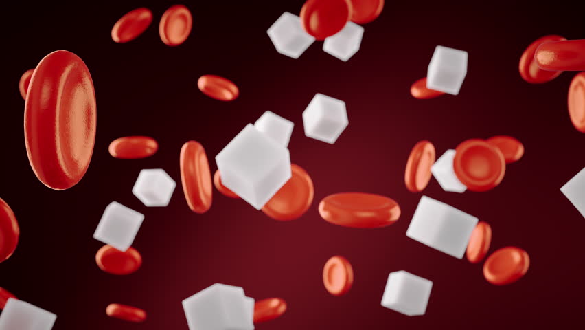 Red blood cells with sugar flowing inside a vein. 3D animation of sugar cubes and blood cells moving through many arteries causing raised blood sugar.