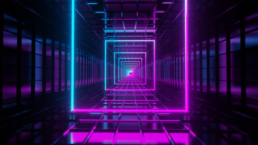 A 3D illustration design of a colorful infinite tunnel with glowing neon lights