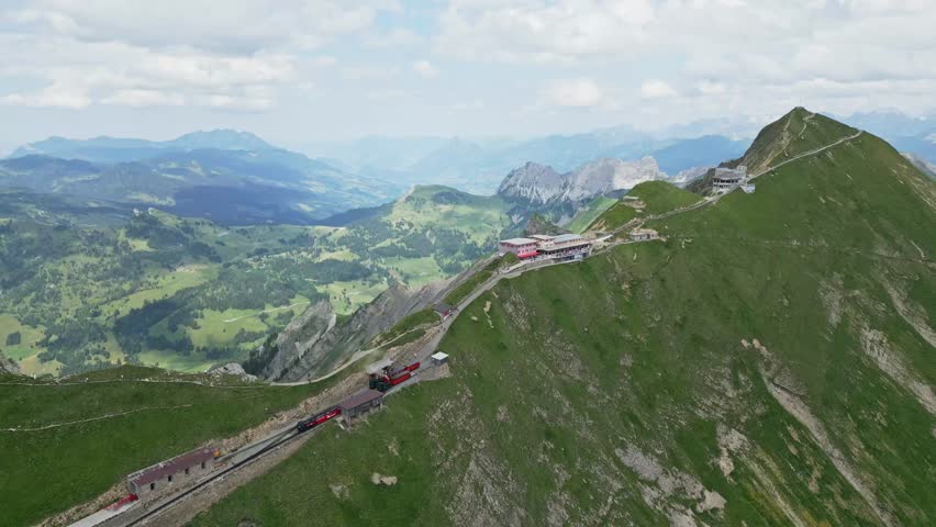 An aerial view of the train station of Brienzer Rothorn on Brienzer Rothorn Mountain of the Emmental Alps in Brienz village, Switzerland