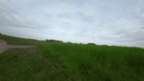 A drone footage of a narrow trail passing through plowed and green fields in a rural area at sunset