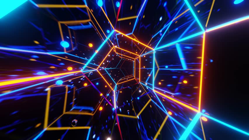 A 3D illustration design of a colorful infinite tunnel with glowing neon lights