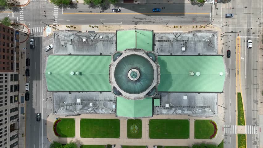 Allen County Court in downtown Fort Wayne, Indiana. Aerial top down shot of green roofed government building.
