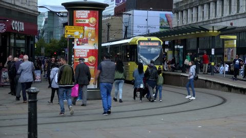 MANCHESTER, LANCASHIRE/ENGLAND - September: 26, 2017 in Manchester. Main shopping area in the centre of Manchester 4K