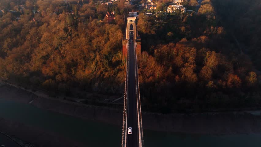 Drone Aerial of Clifton Suspension Bridge and Bristol City, England At Sunset Royalty-Free Stock Footage #3421830303
