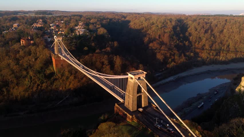 Drone Aerial of Clifton Suspension Bridge and Bristol City, England Royalty-Free Stock Footage #3421831109