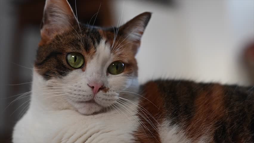 Slow motion video of a close-up of three-color calico female cat's face looking attentively around Royalty-Free Stock Footage #3421840783