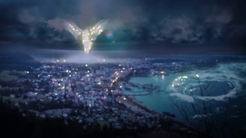 Angel guarding city at night looping background  Royalty-Free Stock Footage #3421861967