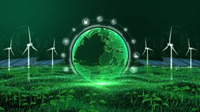 Green energy from wind turbines and solar cells, Global Green Sustainable, Digital technology of ESG principles with renewable energy icons, and sustainable earth on a green background. - Powered by Shutterstock - Get 15% off with code: PIKWIZARD15