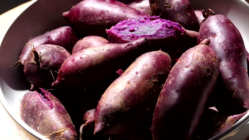 Steamed sweet potatoes in bowl, in studio Chiangmai Thailand.