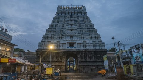 Kanchipuram - 01.10.2017: Sunrise over Varadaraj temple in Kanchipuram, south India, 4k time lapse footage