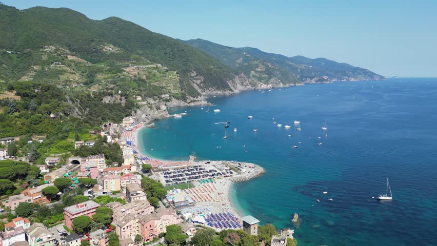 Monterosso al Mare Coastal Village in Cinque Terre, Vernazza, La Spezia, Liguria, Italy - Aerial 4k Royalty-Free Stock Footage #3422062485