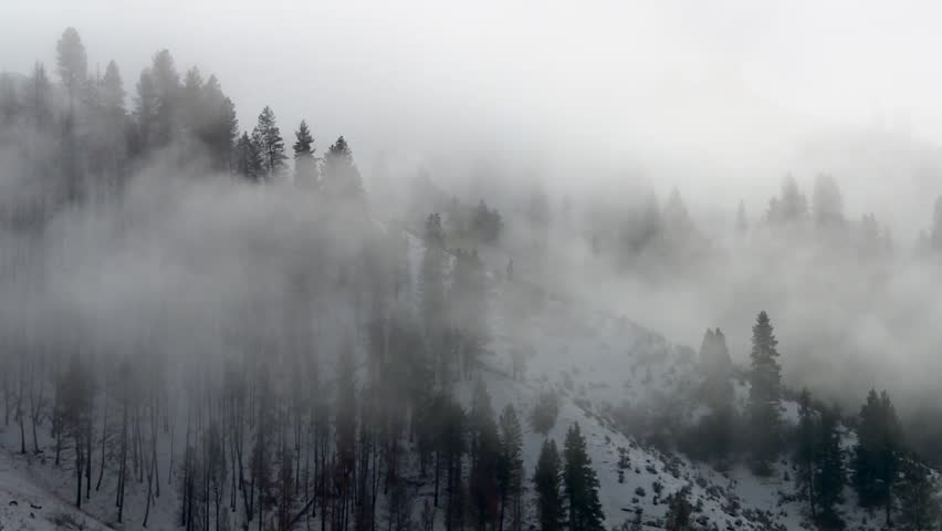 Smoky Clouds Over Winter Mountains In Boise National Forest, Idaho, United States. Static Shot