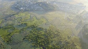 4k drone forward video (Ultra High Definition) of flooded valley. Misty morning scene of snake shape Seret river. Wonderful summer view of Ternopil countryside, Ukraine, Europe. 
