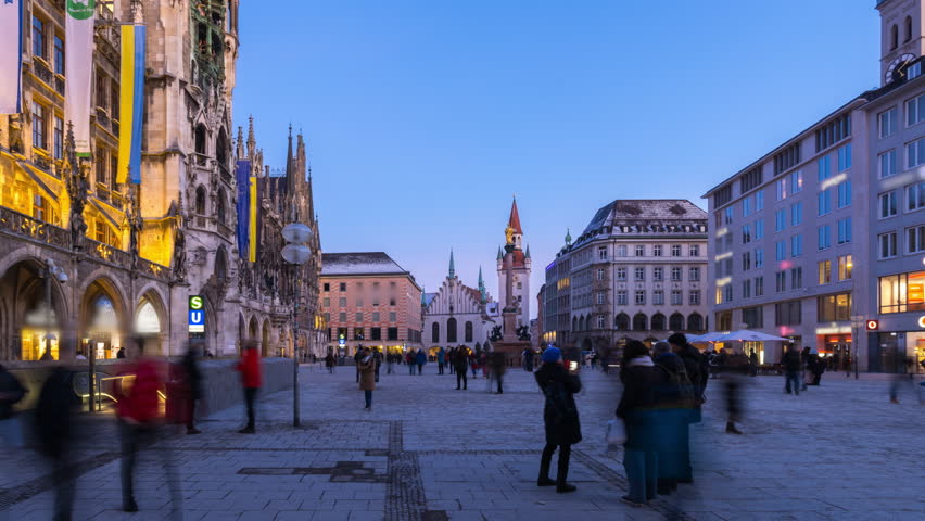 Munich marienplatz square at night time lapse hyperlapse video in 4K, City munich germany night view, frauenkirche church cathedral sqaure marienplatz at night town hall. Royalty-Free Stock Footage #3422157505